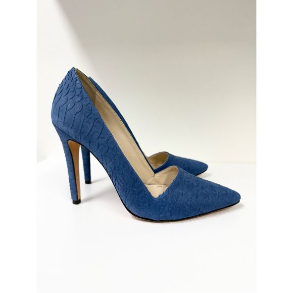 Alice + Olivia Dina Umbrella Blue Heels Faux Snake Pumps 39 1/2 9.5
